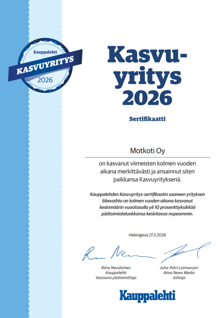 Kauppalehden Kasvuyritys 2026 -sertifikaatti Motkoti Oy:lle